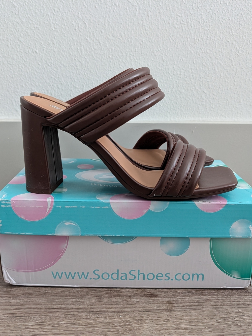 Soda Brown Quilted Double-Strap Block Heel Mule Sandals
